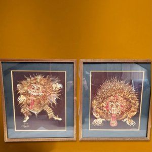 Pair of Indonesian Balinese Brong Art Framed under Glass